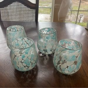 ❌SOLD❌ 4 blue and white speckled glass blown stemless wine glasses